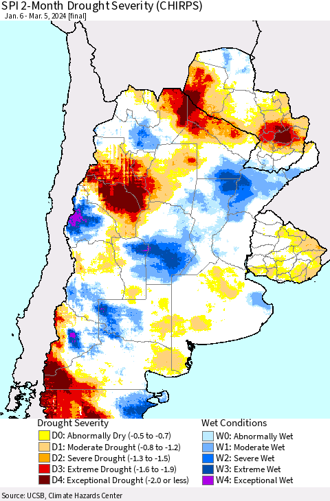 Southern South America SPI 2-Month Drought Severity (CHIRPS) Thematic Map For 1/6/2024 - 3/5/2024