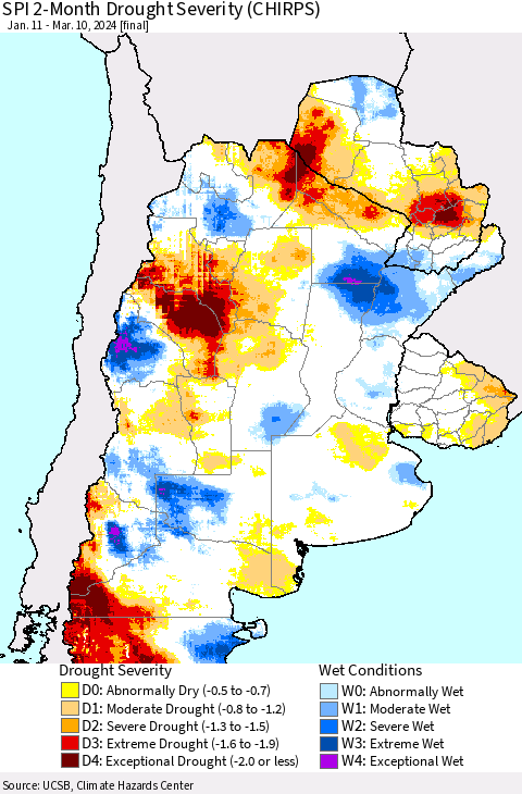 Southern South America SPI 2-Month Drought Severity (CHIRPS) Thematic Map For 1/11/2024 - 3/10/2024