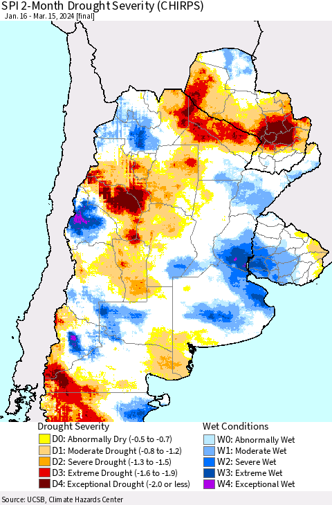 Southern South America SPI 2-Month Drought Severity (CHIRPS) Thematic Map For 1/16/2024 - 3/15/2024