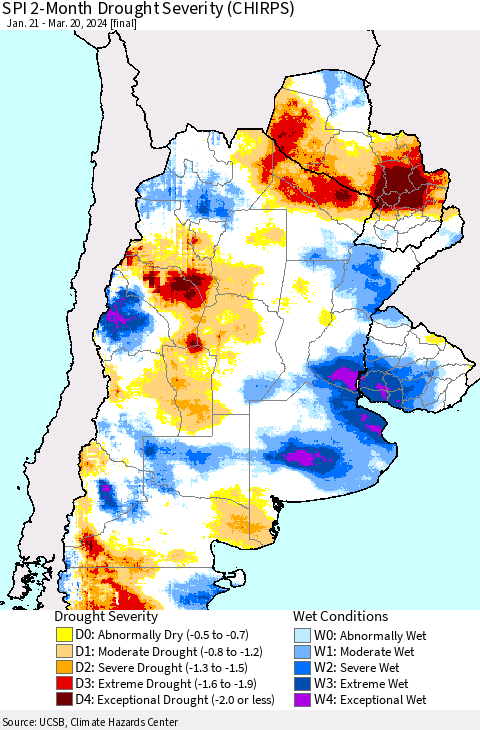 Southern South America SPI 2-Month Drought Severity (CHIRPS) Thematic Map For 1/21/2024 - 3/20/2024