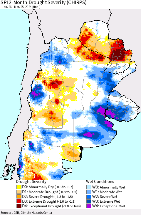 Southern South America SPI 2-Month Drought Severity (CHIRPS) Thematic Map For 1/26/2024 - 3/25/2024