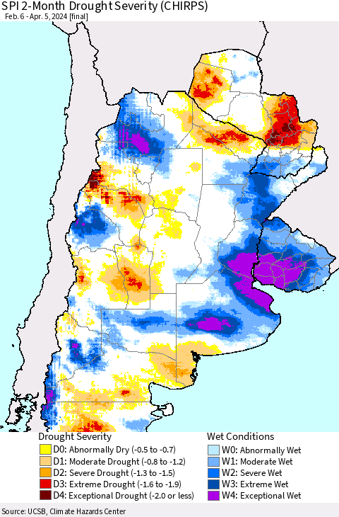 Southern South America SPI 2-Month Drought Severity (CHIRPS) Thematic Map For 2/6/2024 - 4/5/2024