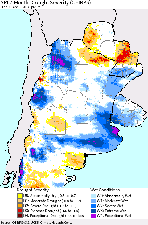 Southern South America SPI 2-Month Drought Severity (CHIRPS) Thematic Map For 2/6/2024 - 4/5/2024