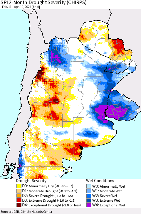 Southern South America SPI 2-Month Drought Severity (CHIRPS) Thematic Map For 2/11/2024 - 4/10/2024