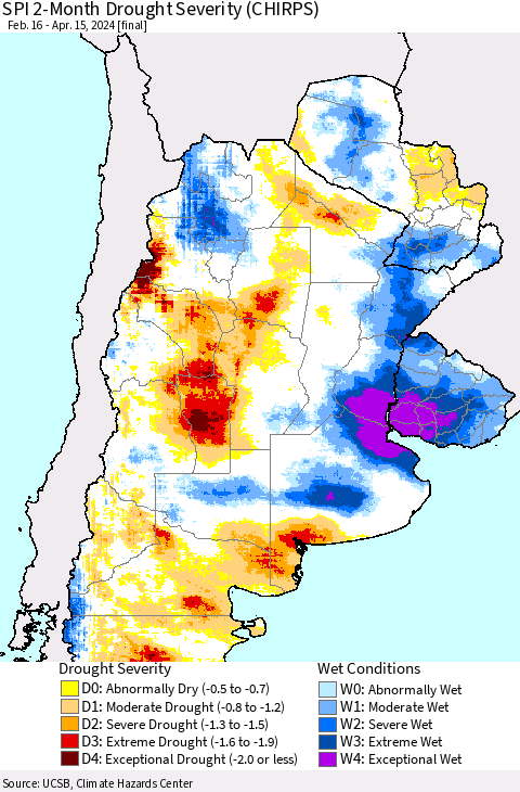 Southern South America SPI 2-Month Drought Severity (CHIRPS) Thematic Map For 2/16/2024 - 4/15/2024