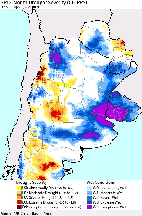Southern South America SPI 2-Month Drought Severity (CHIRPS) Thematic Map For 2/21/2024 - 4/20/2024