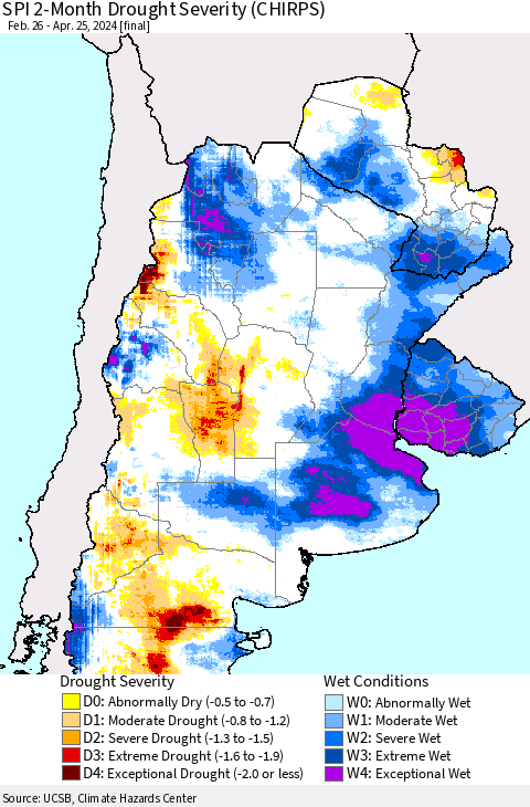 Southern South America SPI 2-Month Drought Severity (CHIRPS) Thematic Map For 2/26/2024 - 4/25/2024