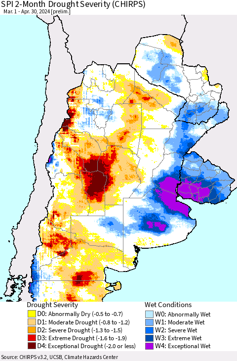 Southern South America SPI 2-Month Drought Severity (CHIRPS) Thematic Map For 3/1/2024 - 4/30/2024