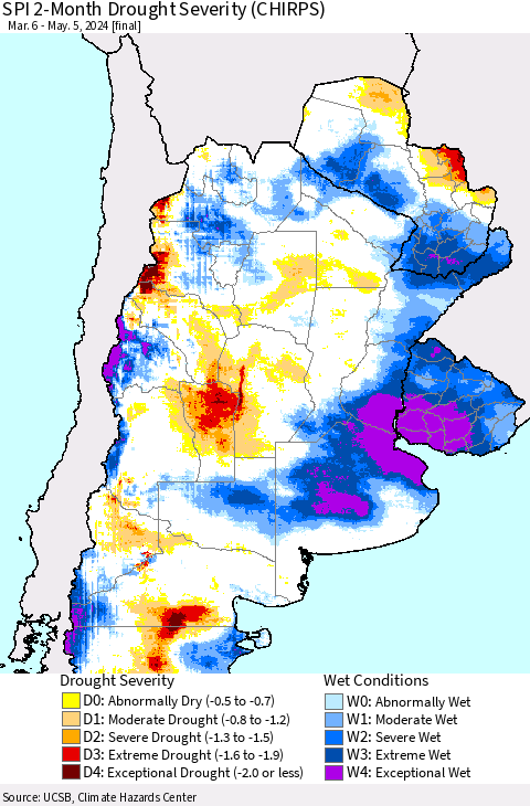 Southern South America SPI 2-Month Drought Severity (CHIRPS) Thematic Map For 3/6/2024 - 5/5/2024