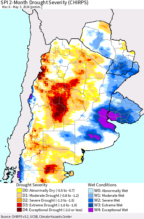 Southern South America SPI 2-Month Drought Severity (CHIRPS) Thematic Map For 3/6/2024 - 5/5/2024