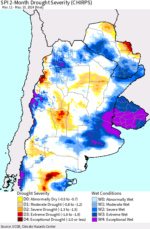 Southern South America SPI 2-Month Drought Severity (CHIRPS) Thematic Map For 3/11/2024 - 5/10/2024