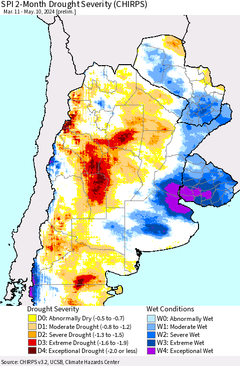 Southern South America SPI 2-Month Drought Severity (CHIRPS) Thematic Map For 3/11/2024 - 5/10/2024