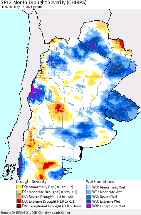 Southern South America SPI 2-Month Drought Severity (CHIRPS) Thematic Map For 3/16/2024 - 5/15/2024