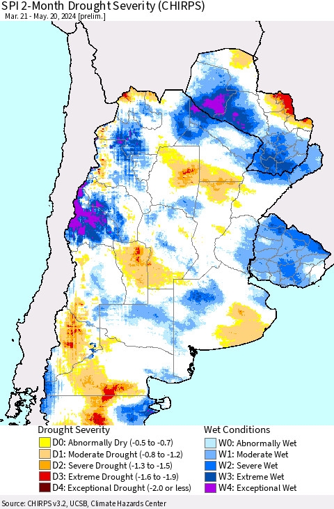 Southern South America SPI 2-Month Drought Severity (CHIRPS) Thematic Map For 3/21/2024 - 5/20/2024