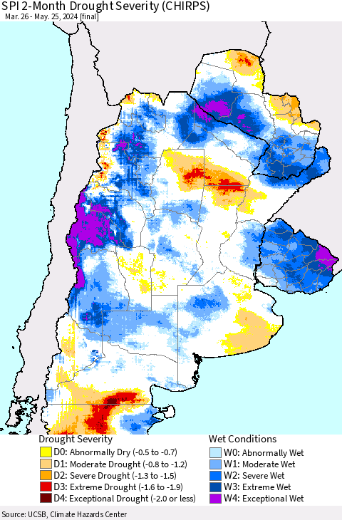 Southern South America SPI 2-Month Drought Severity (CHIRPS) Thematic Map For 3/26/2024 - 5/25/2024