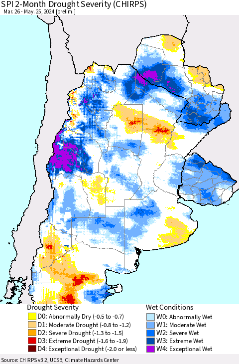 Southern South America SPI 2-Month Drought Severity (CHIRPS) Thematic Map For 3/26/2024 - 5/25/2024