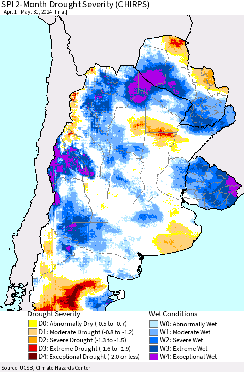 Southern South America SPI 2-Month Drought Severity (CHIRPS) Thematic Map For 4/1/2024 - 5/31/2024