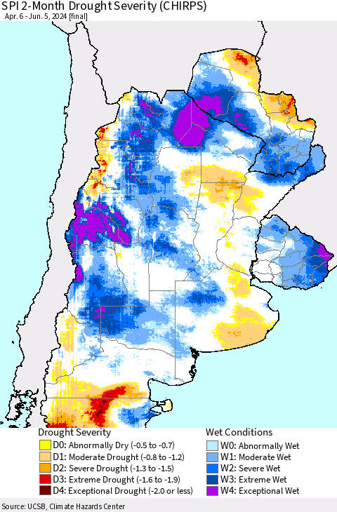 Southern South America SPI 2-Month Drought Severity (CHIRPS) Thematic Map For 4/6/2024 - 6/5/2024