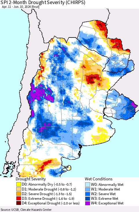 Southern South America SPI 2-Month Drought Severity (CHIRPS) Thematic Map For 4/11/2024 - 6/10/2024