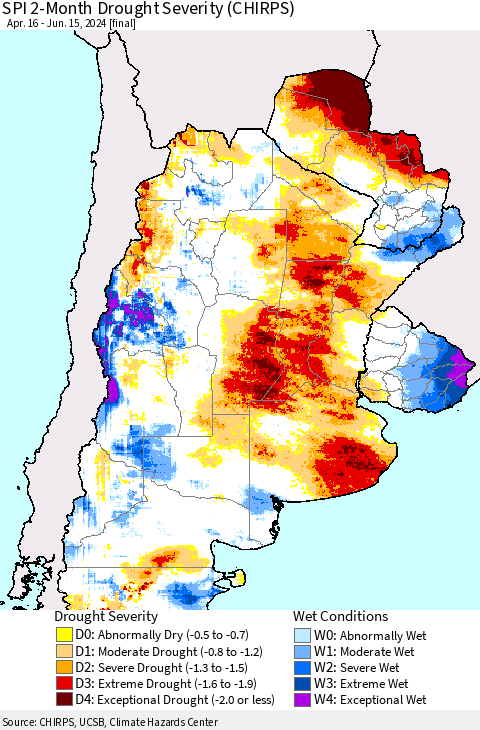 Southern South America SPI 2-Month Drought Severity (CHIRPS) Thematic Map For 4/16/2024 - 6/15/2024