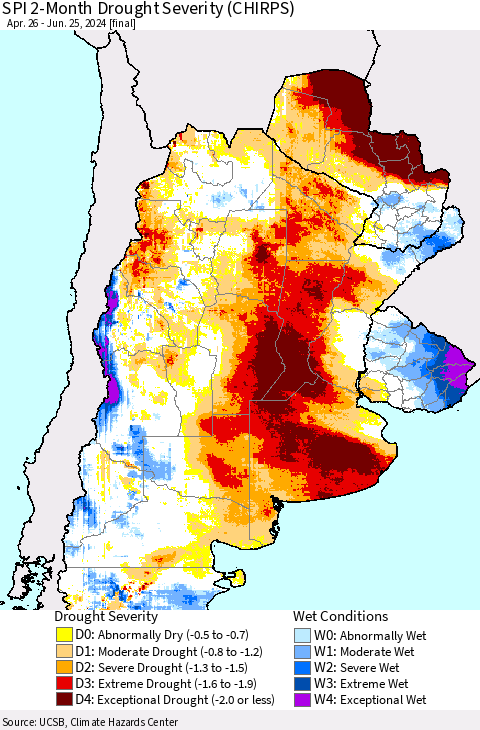 Southern South America SPI 2-Month Drought Severity (CHIRPS) Thematic Map For 4/26/2024 - 6/25/2024