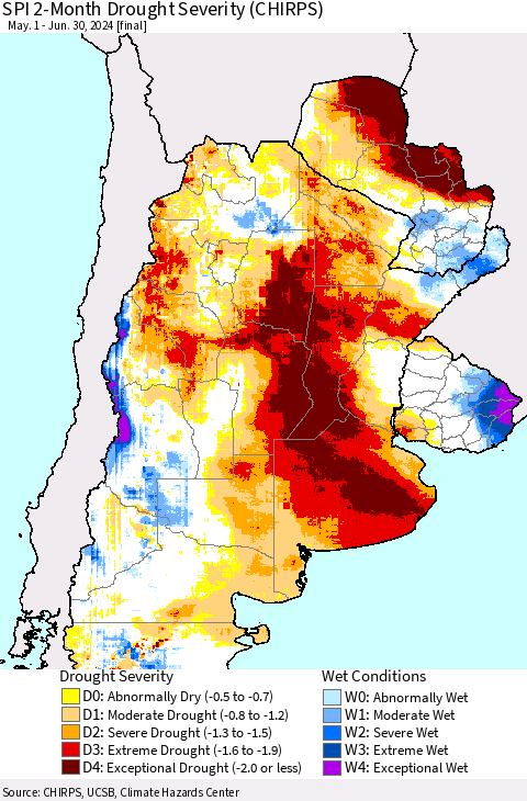 Southern South America SPI 2-Month Drought Severity (CHIRPS) Thematic Map For 5/1/2024 - 6/30/2024