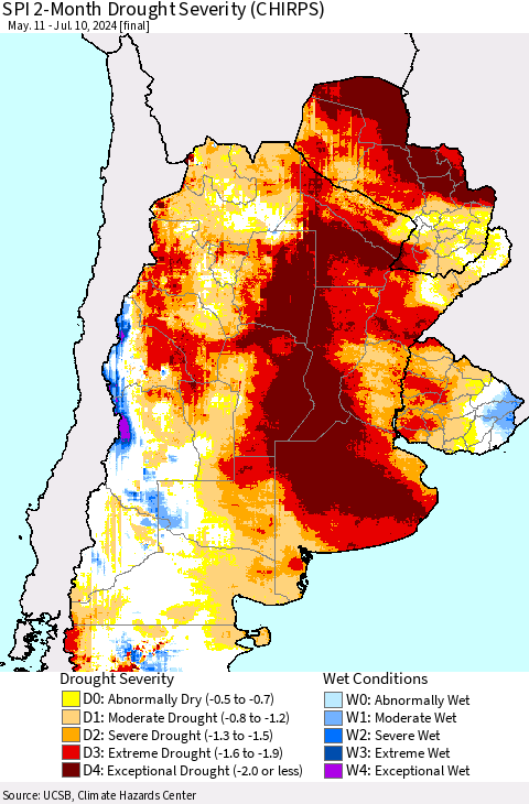 Southern South America SPI 2-Month Drought Severity (CHIRPS) Thematic Map For 5/11/2024 - 7/10/2024