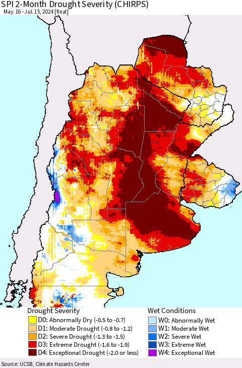 Southern South America SPI 2-Month Drought Severity (CHIRPS) Thematic Map For 5/16/2024 - 7/15/2024