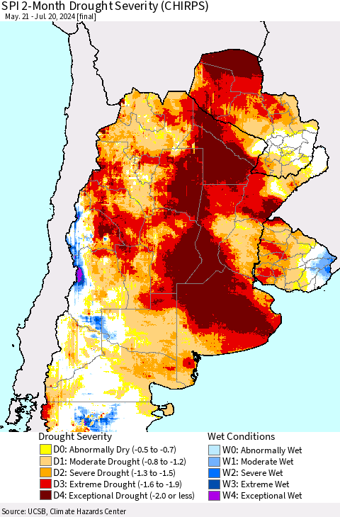 Southern South America SPI 2-Month Drought Severity (CHIRPS) Thematic Map For 5/21/2024 - 7/20/2024