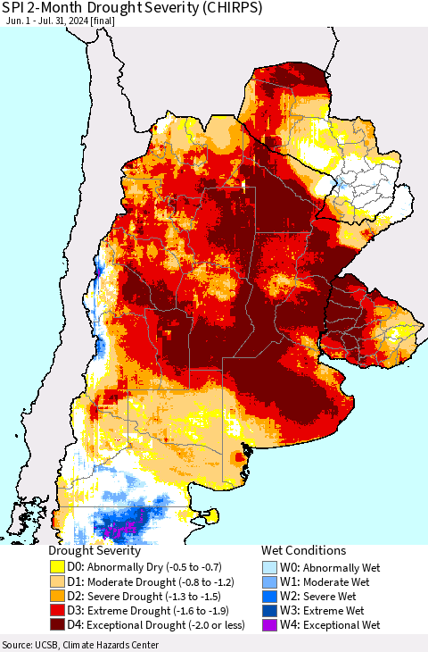 Southern South America SPI 2-Month Drought Severity (CHIRPS) Thematic Map For 6/1/2024 - 7/31/2024