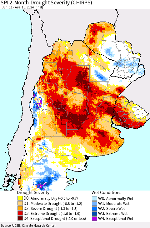 Southern South America SPI 2-Month Drought Severity (CHIRPS) Thematic Map For 6/11/2024 - 8/10/2024