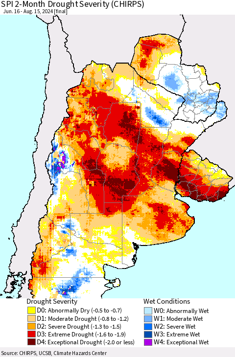 Southern South America SPI 2-Month Drought Severity (CHIRPS) Thematic Map For 6/16/2024 - 8/15/2024