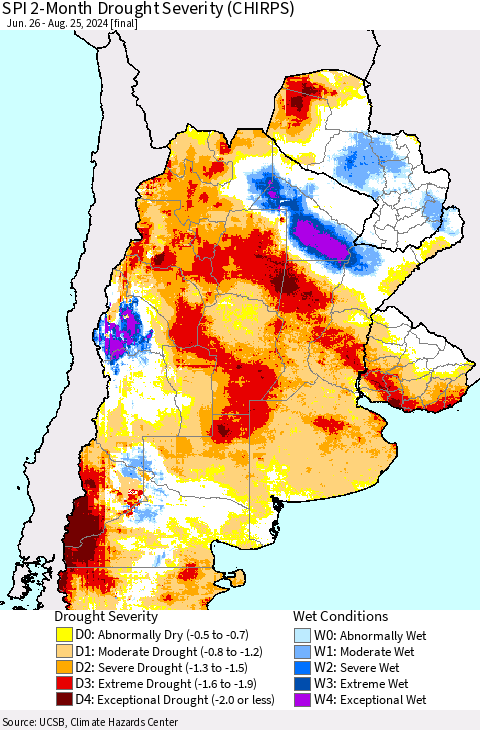 Southern South America SPI 2-Month Drought Severity (CHIRPS) Thematic Map For 6/26/2024 - 8/25/2024
