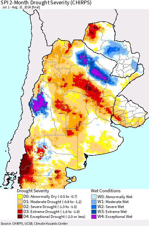 Southern South America SPI 2-Month Drought Severity (CHIRPS) Thematic Map For 7/1/2024 - 8/31/2024