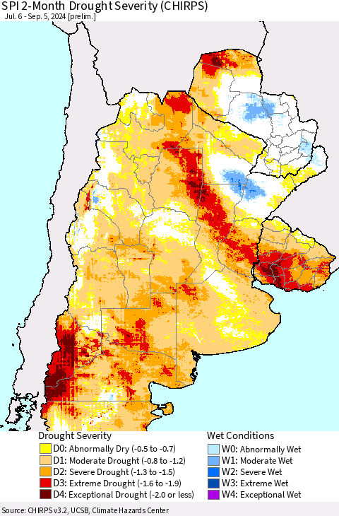 Southern South America SPI 2-Month Drought Severity (CHIRPS) Thematic Map For 7/6/2024 - 9/5/2024