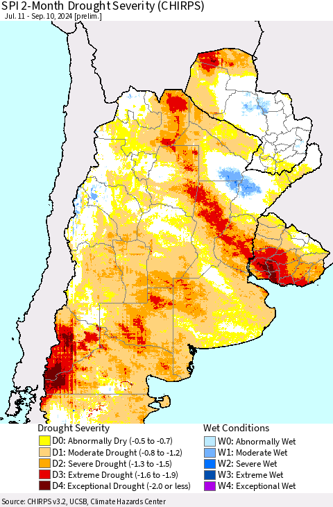 Southern South America SPI 2-Month Drought Severity (CHIRPS) Thematic Map For 7/11/2024 - 9/10/2024