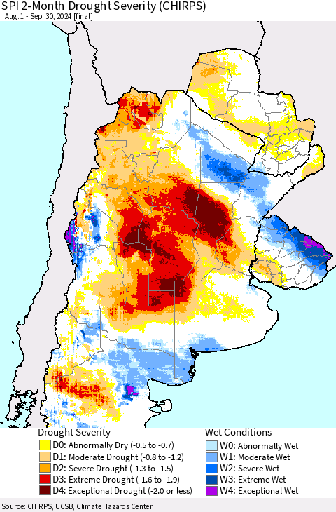 Southern South America SPI 2-Month Drought Severity (CHIRPS) Thematic Map For 8/1/2024 - 9/30/2024