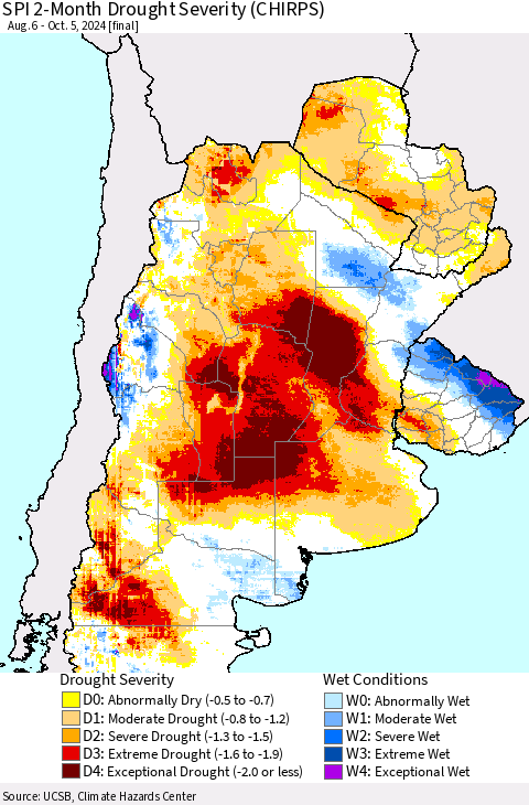 Southern South America SPI 2-Month Drought Severity (CHIRPS) Thematic Map For 8/6/2024 - 10/5/2024