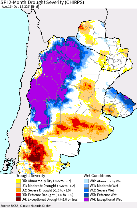 Southern South America SPI 2-Month Drought Severity (CHIRPS) Thematic Map For 8/16/2024 - 10/15/2024
