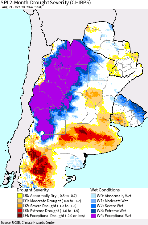 Southern South America SPI 2-Month Drought Severity (CHIRPS) Thematic Map For 8/21/2024 - 10/20/2024