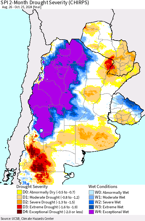 Southern South America SPI 2-Month Drought Severity (CHIRPS) Thematic Map For 8/26/2024 - 10/25/2024