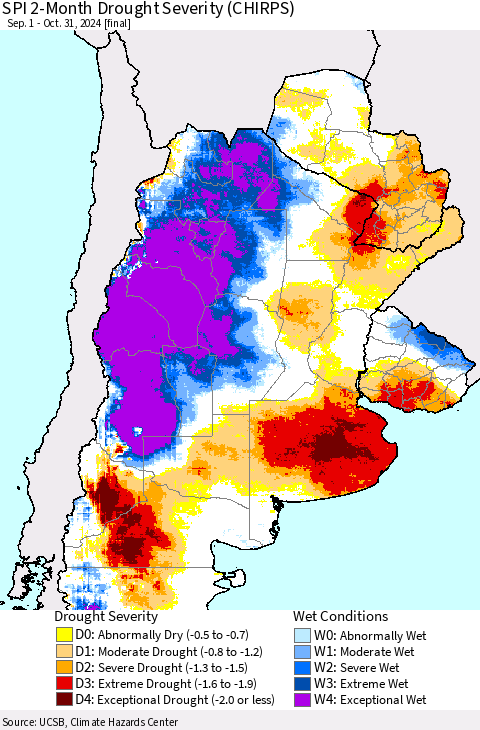 Southern South America SPI 2-Month Drought Severity (CHIRPS) Thematic Map For 9/1/2024 - 10/31/2024