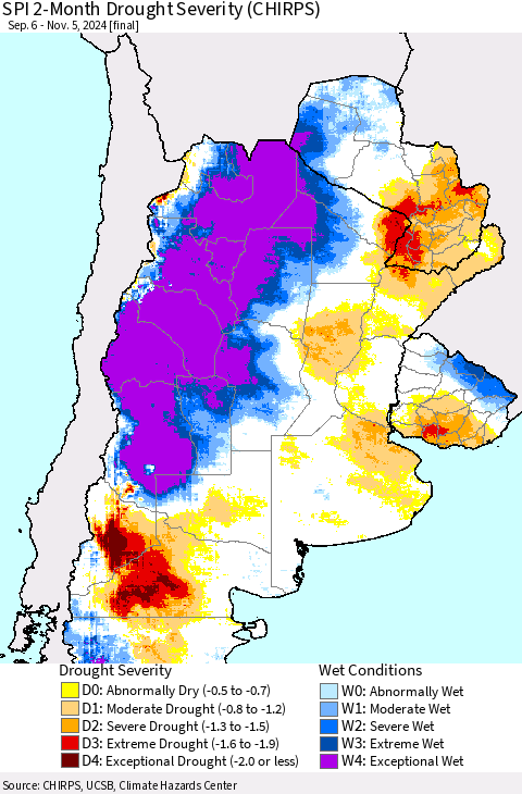 Southern South America SPI 2-Month Drought Severity (CHIRPS) Thematic Map For 9/6/2024 - 11/5/2024