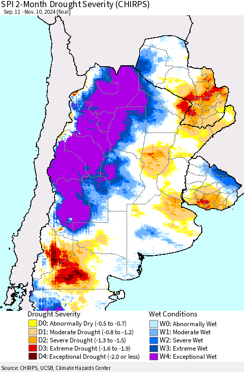 Southern South America SPI 2-Month Drought Severity (CHIRPS) Thematic Map For 9/11/2024 - 11/10/2024