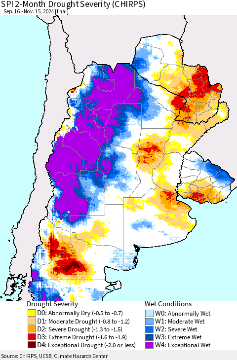 Southern South America SPI 2-Month Drought Severity (CHIRPS) Thematic Map For 9/16/2024 - 11/15/2024