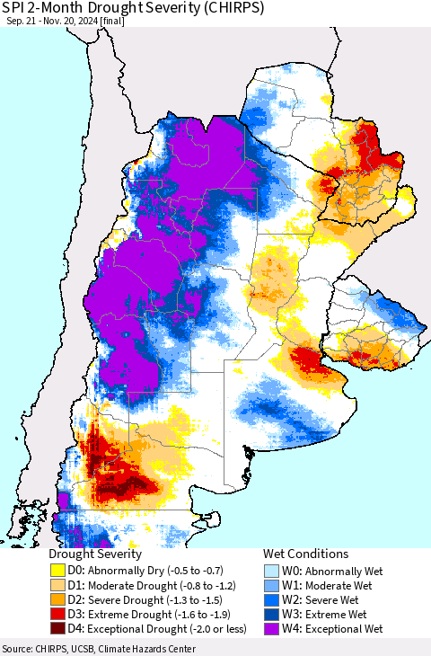 Southern South America SPI 2-Month Drought Severity (CHIRPS) Thematic Map For 9/21/2024 - 11/20/2024