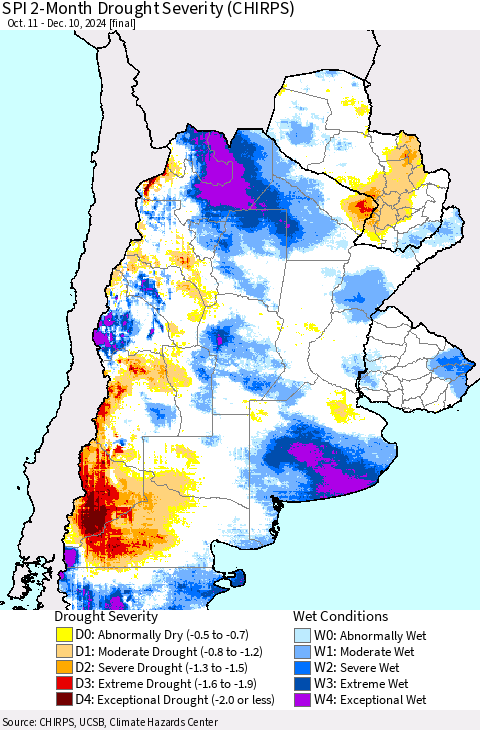 Southern South America SPI 2-Month Drought Severity (CHIRPS) Thematic Map For 10/11/2024 - 12/10/2024
