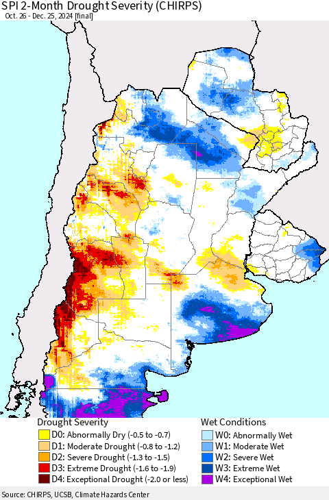 Southern South America SPI 2-Month Drought Severity (CHIRPS) Thematic Map For 10/26/2024 - 12/25/2024