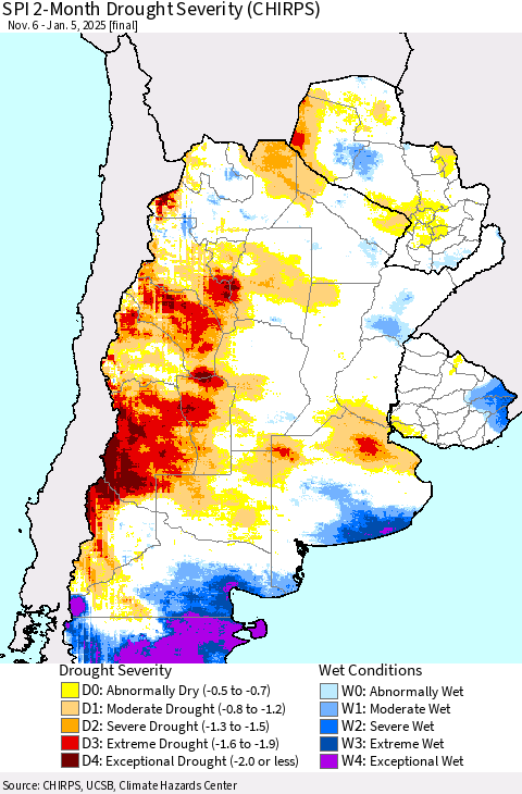 Southern South America SPI 2-Month Drought Severity (CHIRPS) Thematic Map For 11/6/2024 - 1/5/2025