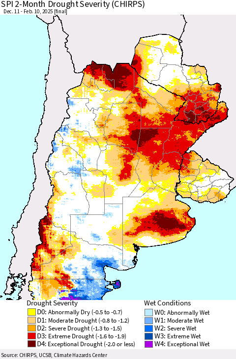 Southern South America SPI 2-Month Drought Severity (CHIRPS) Thematic Map For 12/11/2024 - 2/10/2025